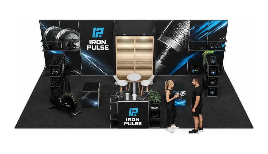 Stoisko 10 × 5 m półwyspowe dla branży fitness i siłownie, przykładowa marka Iron Pulse