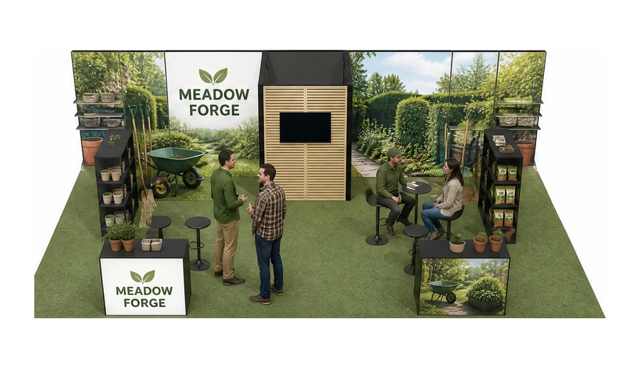 Stoisko 10 × 5 m półwyspowe dla branży ogród i architektura krajobrazu, przykładowa marka Meadow Forge