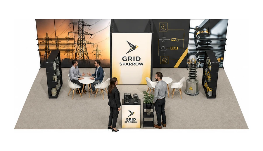 Stoisko 10 × 5 m półwyspowe dla branży energetyka i sieci, przykładowa marka Grid Sparrow