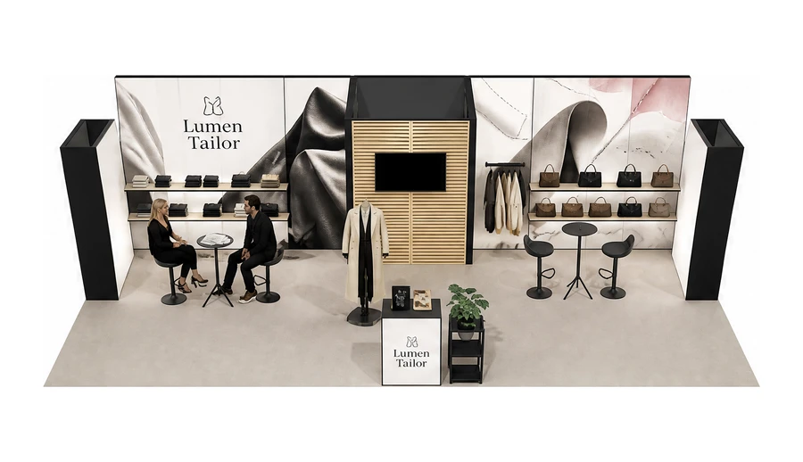 Stoisko 10 × 5 m półwyspowe dla branży odzież i moda, przykładowa marka Lumen Tailor