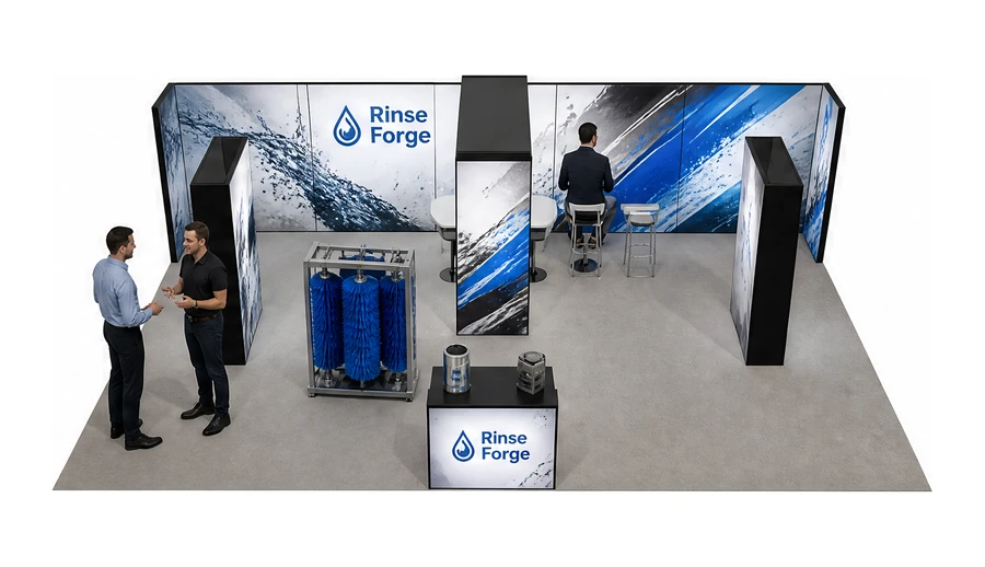 Stoisko 10 × 6 m półwyspowe dla branży myjnie i pielęgnacja aut, przykładowa marka Rinse Forge