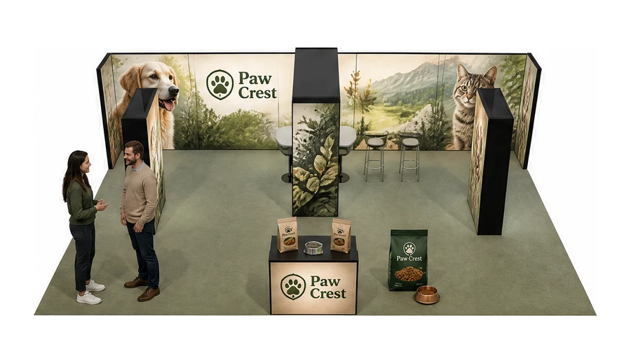 Stoisko 10 × 6 m półwyspowe dla branży karma dla zwierząt, przykładowa marka Paw Crest