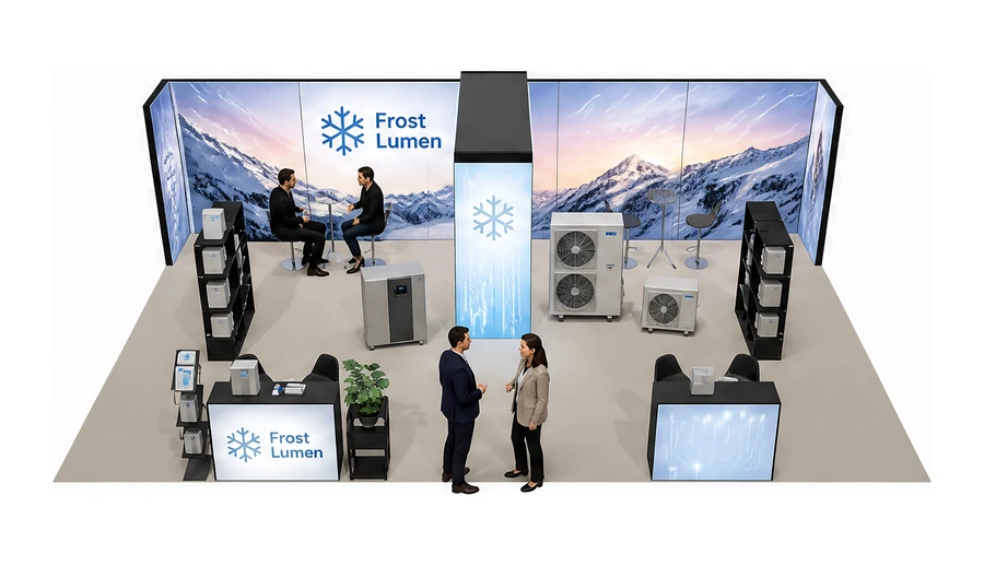 Stoisko 10 × 6 m półwyspowe dla branży pompy ciepła i ogrzewanie, przykładowa marka Frost Lumen