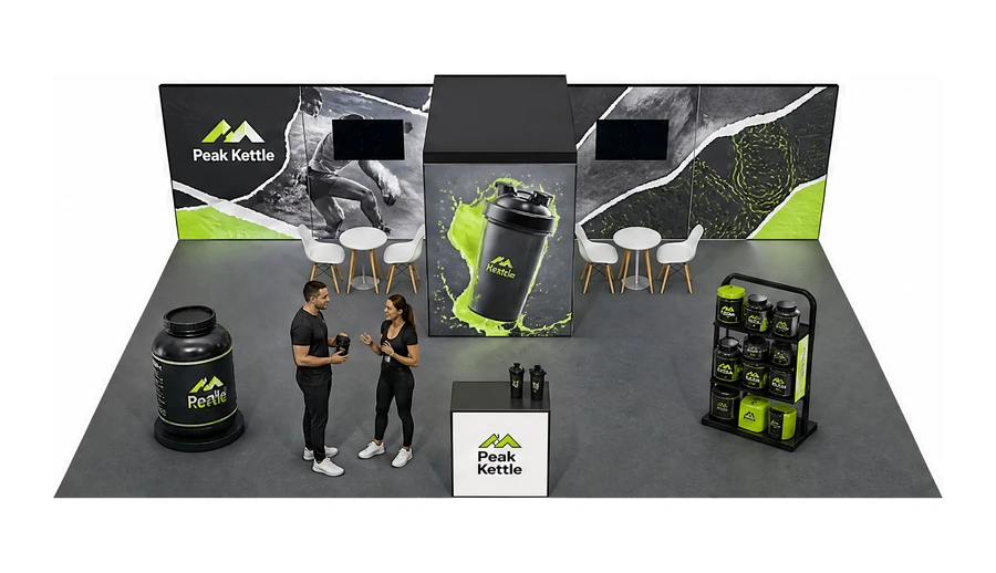 Stoisko 10 × 6 m półwyspowe dla branży suplementy diety, przykładowa marka Peak Kettle
