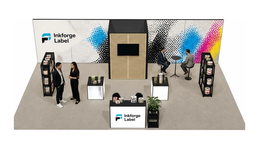 Stoisko 10 × 6 m półwyspowe dla branży etykiety i poligrafia, przykładowa marka Inkforge Label