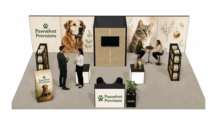 Stoisko 10 × 6 m półwyspowe dla branży karma dla zwierząt, przykładowa marka Pawvelvet Provisions
