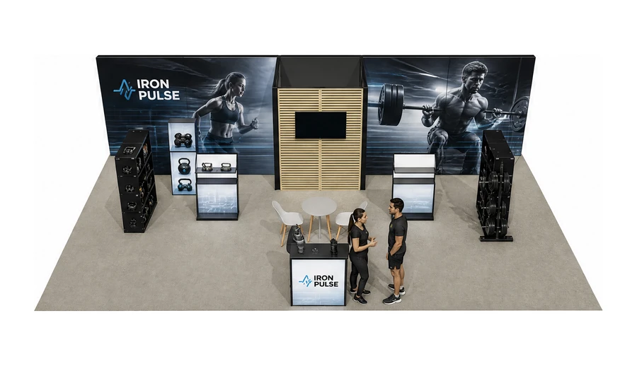 Stoisko 10 × 6 m półwyspowe dla branży fitness i siłownie, przykładowa marka Iron Pulse