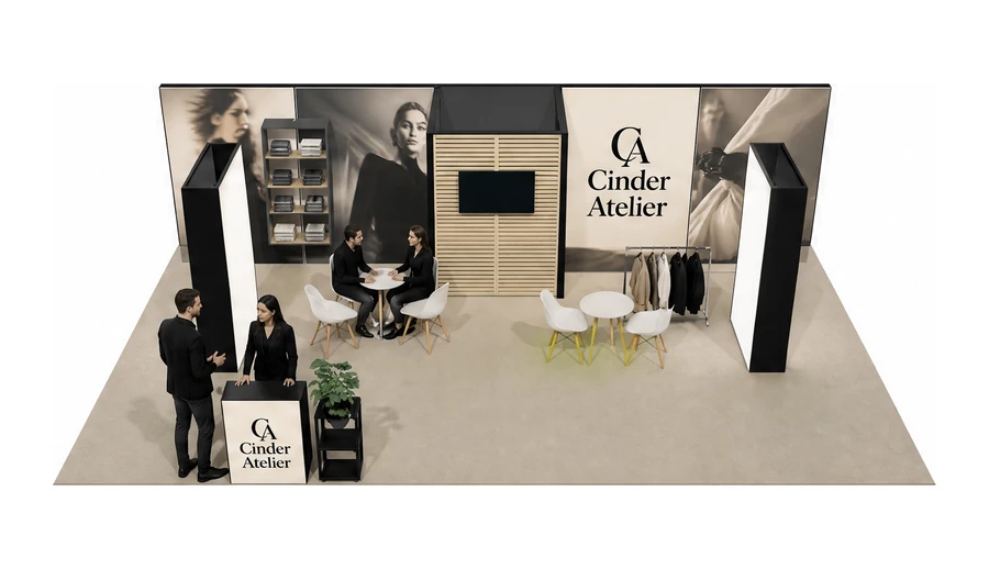 Stoisko 10 × 6 m półwyspowe dla branży odzież i moda, przykładowa marka Cinder Atelier