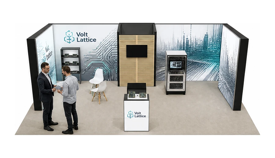 Stoisko 10 × 6 m półwyspowe dla branży komponenty elektroniczne, przykładowa marka Volt Lattice