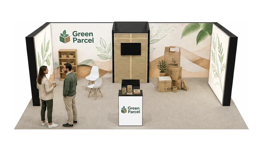 Stoisko 10 × 6 m półwyspowe dla branży opakowania ekologiczne, przykładowa marka Green Parcel