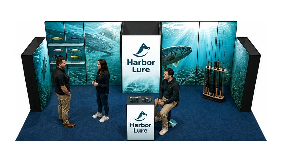 Stoisko 10 × 6 m półwyspowe dla branży wędkarstwo, przykładowa marka Harbor Lure