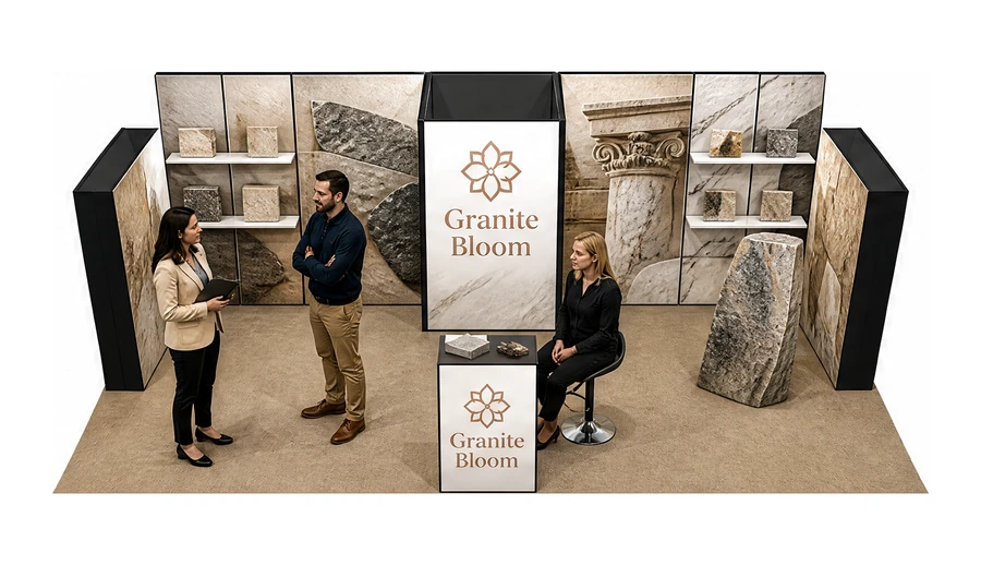 Stoisko 10 × 6 m półwyspowe dla branży kamień i kamieniarstwo, przykładowa marka Granite Bloom
