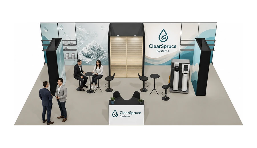 Stoisko 10 × 6 m półwyspowe dla branży technologie wodne, przykładowa marka ClearSpruce Systems