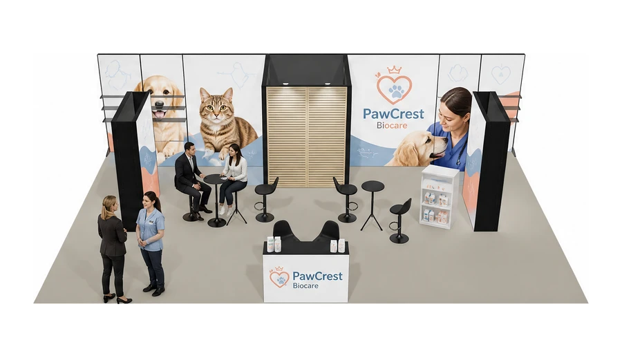 Stoisko 10 × 6 m półwyspowe dla branży weterynaria, przykładowa marka PawCrest Biocare