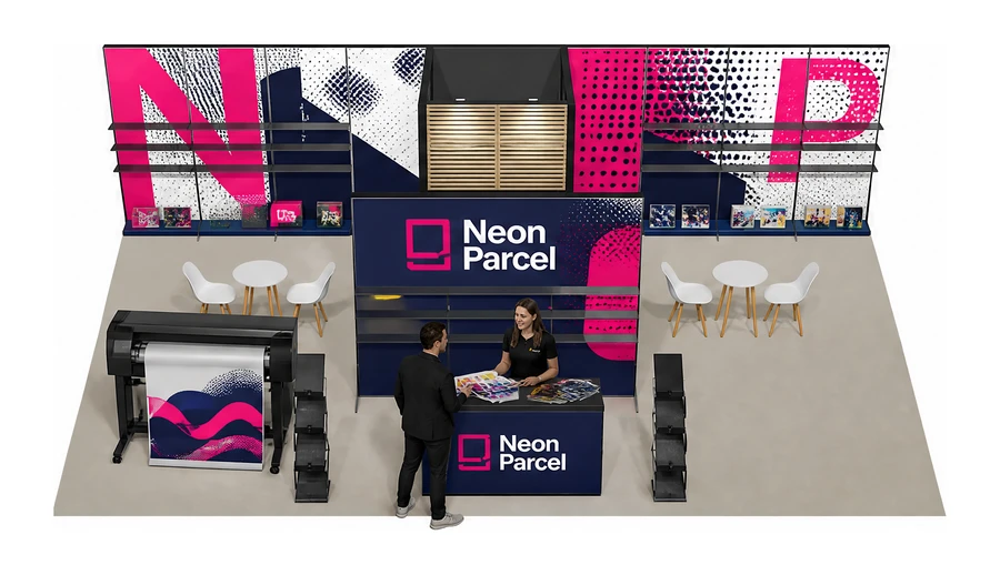 Stoisko 10 × 6 m półwyspowe dla branży reklama i druk, przykładowa marka Neon Parcel