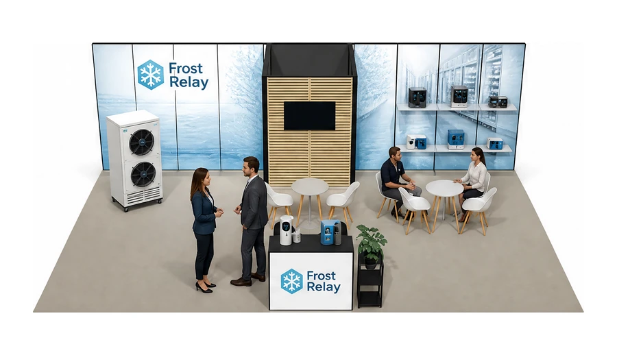 Stoisko 10 × 6 m półwyspowe dla branży łańcuch chłodniczy, przykładowa marka Frost Relay