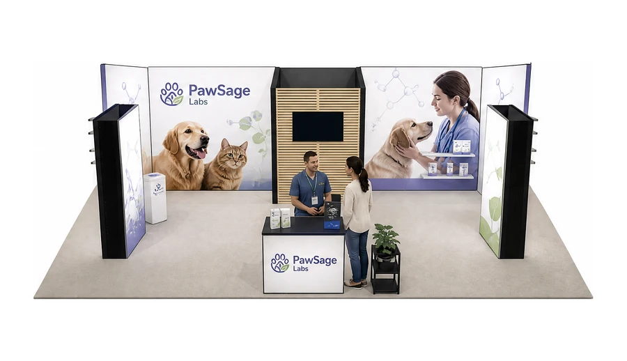 Stoisko 10 × 6 m półwyspowe dla branży weterynaria, przykładowa marka PawSage Labs
