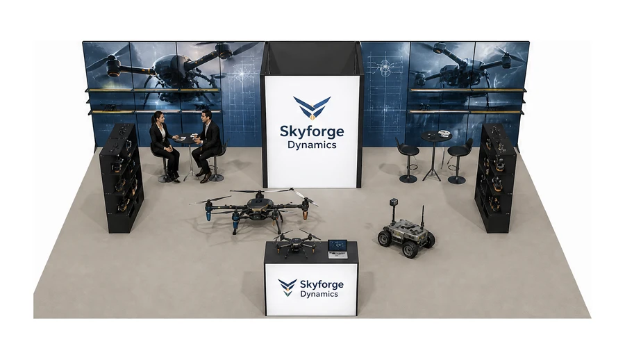 Stoisko 10 × 6 m półwyspowe dla branży drony i robotyka, przykładowa marka Skyforge Dynamics