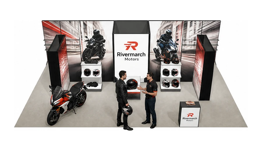 Stoisko 10 × 6 m półwyspowe dla branży motocykle i skutery, przykładowa marka Rivermarch Motors