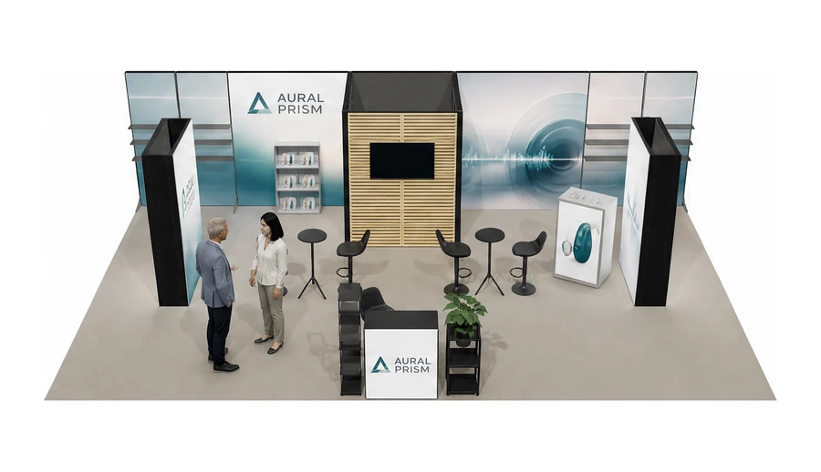 Stoisko 10 × 6 m półwyspowe dla branży optyka i audiologia, przykładowa marka Aural Prism