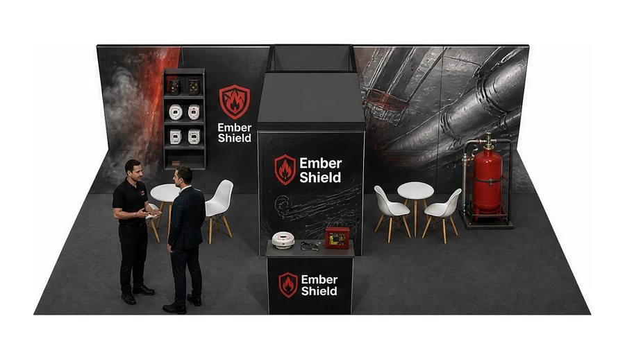 Stoisko 10 × 6 m półwyspowe dla branży ochrona przeciwpożarowa, przykładowa marka Ember Shield