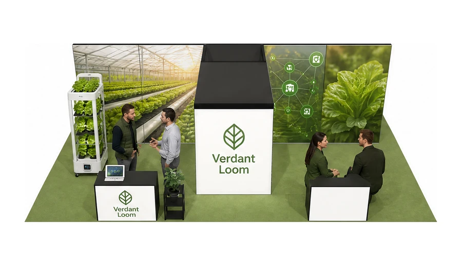 Stoisko 10 × 6 m półwyspowe dla branży sadownictwo i warzywnictwo, przykładowa marka Verdant Loom