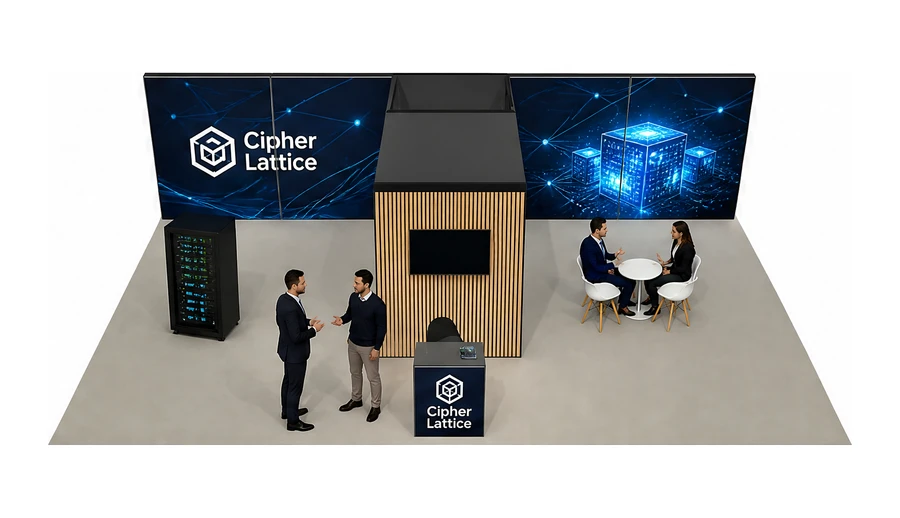 Stoisko 10 × 6 m półwyspowe dla branży cyberbezpieczeństwo, przykładowa marka Cipher Lattice