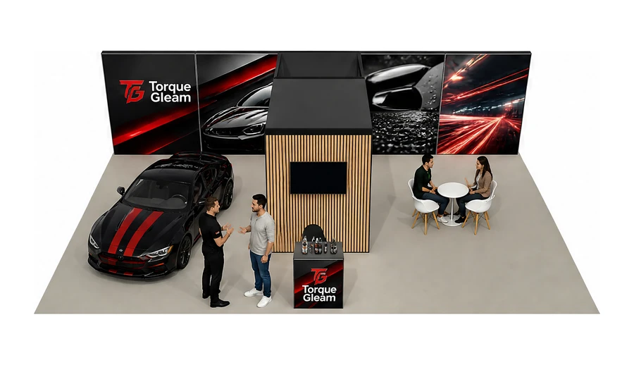 Stoisko 10 × 6 m półwyspowe dla branży tuning i detailing, przykładowa marka Torque Gleam