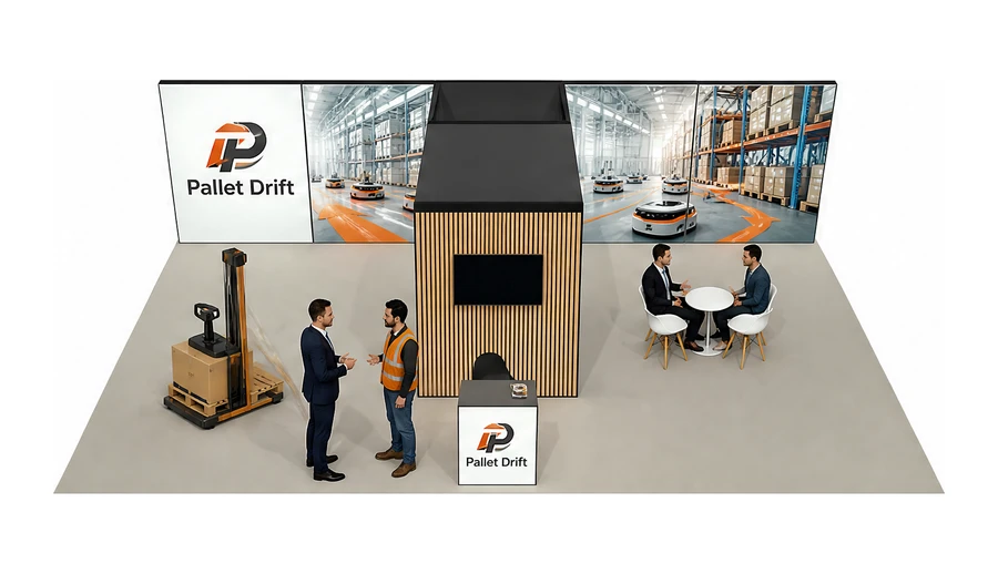 Stoisko 10 × 6 m półwyspowe dla branży intralogistyka i magazyn, przykładowa marka Pallet Drift