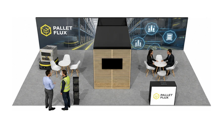 Stoisko 10 × 6 m półwyspowe dla branży intralogistyka i magazyn, przykładowa marka Pallet Flux
