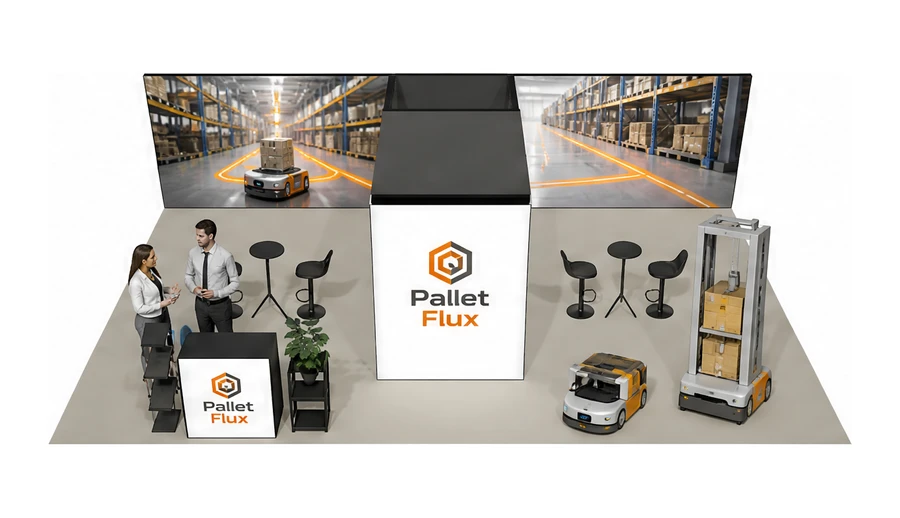 Stoisko 10 × 6 m półwyspowe dla branży intralogistyka i magazyn, przykładowa marka Pallet Flux