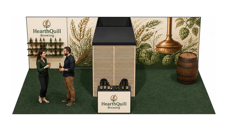 Stoisko 10 × 6 m półwyspowe dla branży browar rzemieślniczy, przykładowa marka HearthQuill Brewing