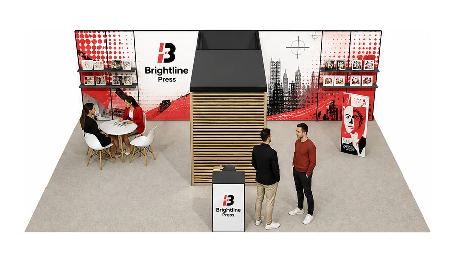 Stoisko 10 × 6 m półwyspowe dla branży reklama i druk, przykładowa marka Brightline Press