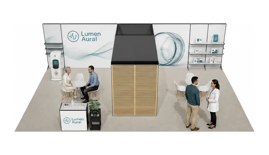 Stoisko 10 × 6 m półwyspowe dla branży optyka i audiologia, przykładowa marka Lumen Aural