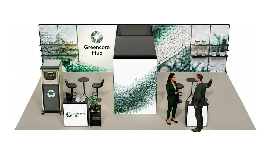 Stoisko 10 × 6 m półwyspowe dla branży recykling i ochrona środowiska, przykładowa marka Greencore Flux