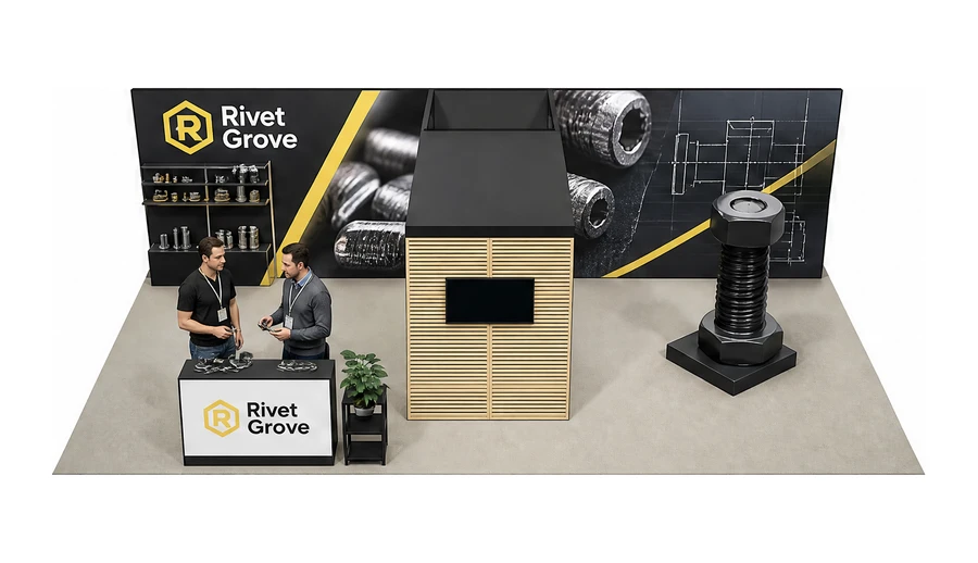 Stoisko 10 × 6 m półwyspowe dla branży elementy złączne, przykładowa marka Rivet Grove