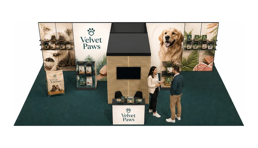 Stoisko 10 × 6 m półwyspowe dla branży karma dla zwierząt, przykładowa marka Velvet Paws