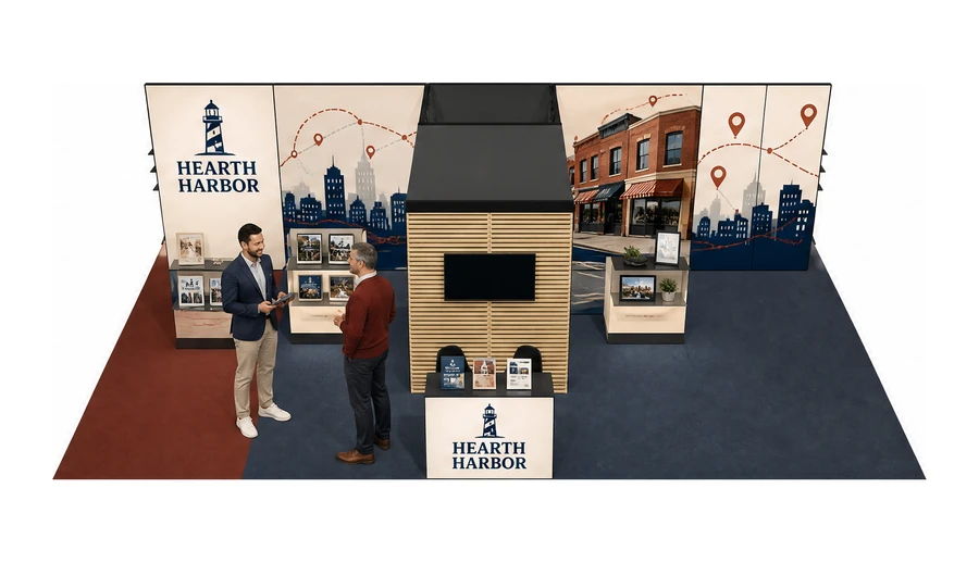 Stoisko 10 × 6 m półwyspowe dla branży franczyza i sieci, przykładowa marka Hearth Harbor