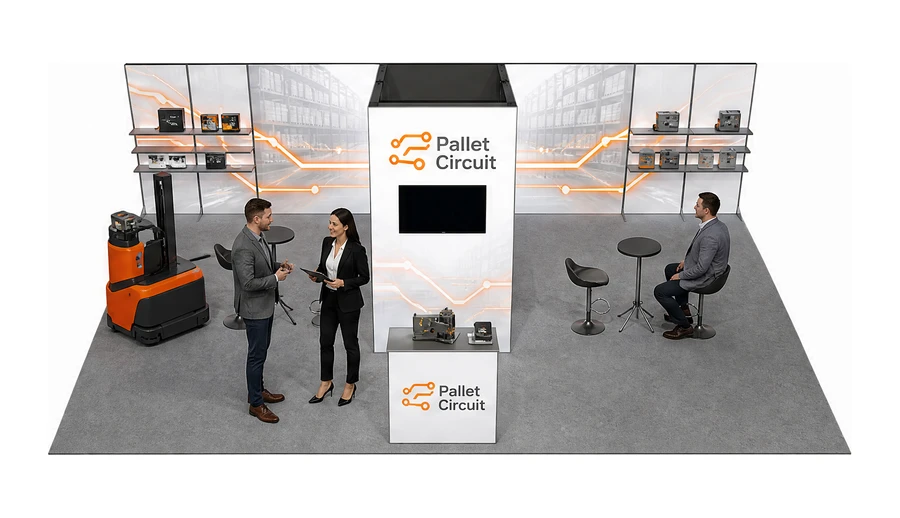 Stoisko 10 × 6 m półwyspowe dla branży intralogistyka i magazyn, przykładowa marka Pallet Circuit