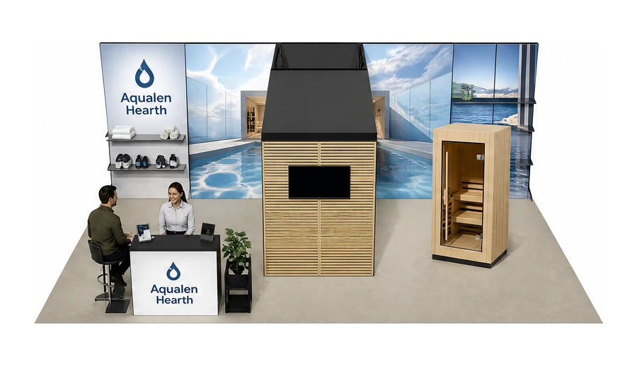 Stoisko 10 × 6 m półwyspowe dla branży baseny i sauny, przykładowa marka Aqualen Hearth