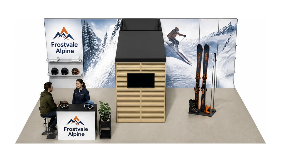 Stoisko 10 × 6 m półwyspowe dla branży narciarstwo i sporty zimowe, przykładowa marka Frostvale Alpine
