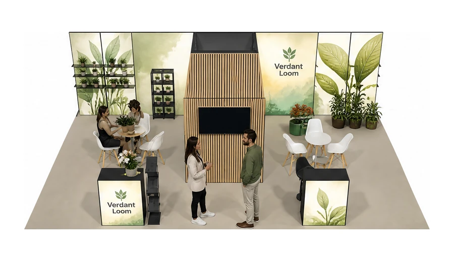 Stoisko 10 × 6 m półwyspowe dla branży rośliny i kwiaciarstwo, przykładowa marka Verdant Loom