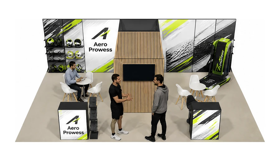 Stoisko 10 × 6 m półwyspowe dla branży sprzęt sportowy, przykładowa marka Aero Prowess