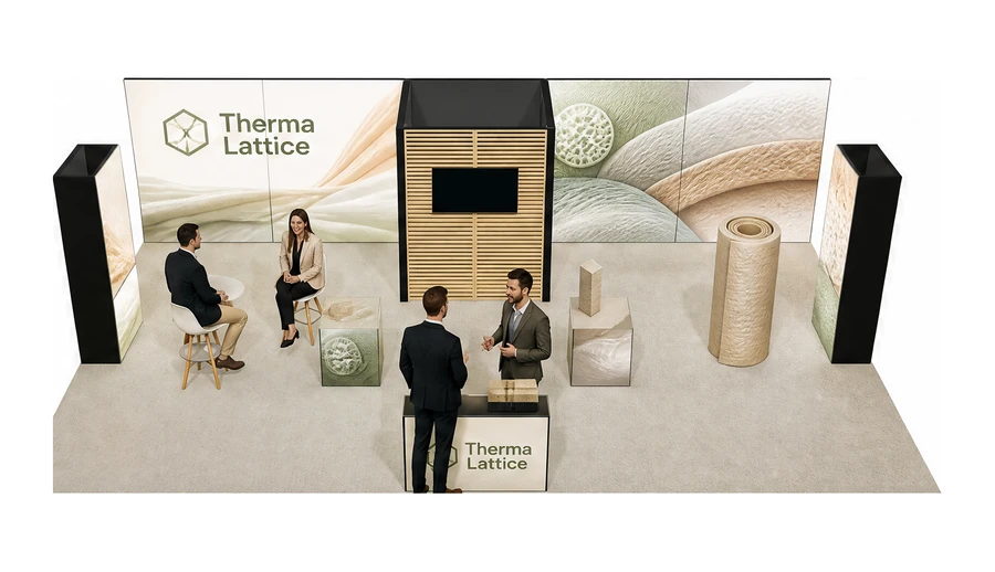 Stoisko 10 × 6 m półwyspowe dla branży izolacje techniczne, przykładowa marka Therma Lattice