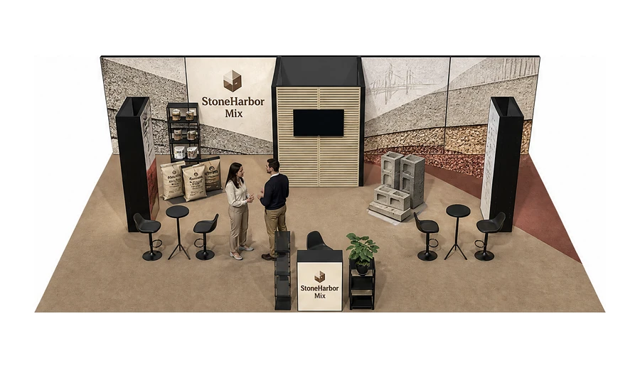 Stoisko 10 × 6 m półwyspowe dla branży materiały budowlane, przykładowa marka StoneHarbor Mix