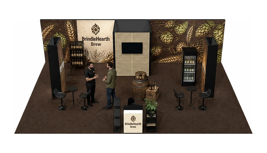 Stoisko 10 × 6 m półwyspowe dla branży browar rzemieślniczy, przykładowa marka BrindleHearth Brew