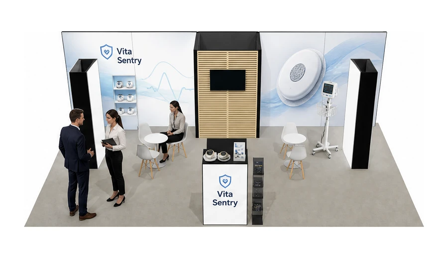 Stoisko 10 × 6 m półwyspowe dla branży sprzęt medyczny, przykładowa marka Vita Sentry