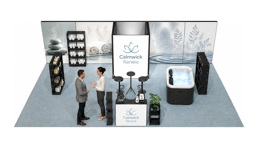 Stoisko 10 × 6 m półwyspowe dla branży spa i wellness, przykładowa marka Calmwick Renew