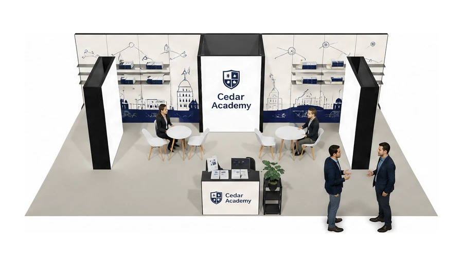 Stoisko 10 × 6 m półwyspowe dla branży edukacja i szkolenia, przykładowa marka Cedar Academy