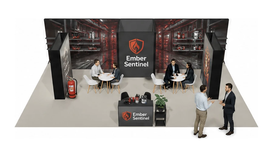 Stoisko 10 × 6 m półwyspowe dla branży ochrona przeciwpożarowa, przykładowa marka Ember Sentinel